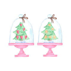 Hand drawn watercolor snow globe with presents. Christmas illustration isolated on white background. Can be used for cards, label and other printed products.