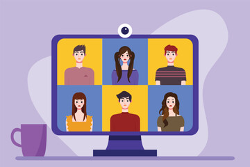 Video conference concept. People avatars on computer screen. Vector illustration