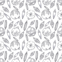 Hand drawn graphic black pencil christmas ornament seamless pattern isolated on white background. Can be used for textile, fabric and other printed products.
