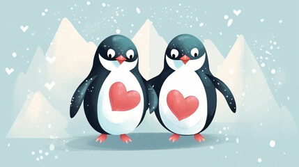 Illustration of cute penguins couple in love animal