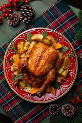 Overhead view of Christmas or New Year feast, roasted chicken stuffed with apples and oranges and served on a beatiful red plate with baked potatoes, sage and rosemary, on a tartan napkin. Vertical.