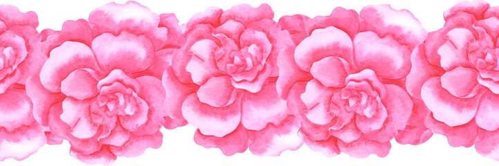 Hand drawn watercolor pink azalea seamless border isolated on white background. Can be used for label, textile, decoration and other printed products.