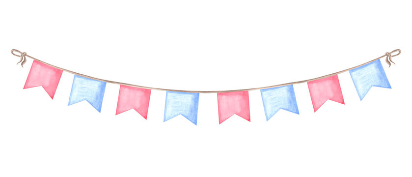  Garland of colorful flags. Watercolor template of festive illustration for birthday and kids party decoration, isolated. Hand drawn clipart for invitations and cards, wedding background, sticker