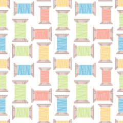 Seamless sewing pattern, spools of thread on a white background. Hobby background, print, textile, wallpaper, vector - obrazy, fototapety, plakaty