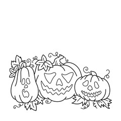 Halloween pumpkins with leaves, coloring page. Black and white vector illustration.