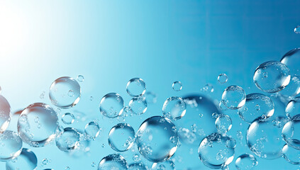bubbles in water on blue background, transparent cosmetic blue gas bubbles under water. features sparkling water bubbles against a vivid blue backdrop. for spa advertisements, aquatic-themed designs, 