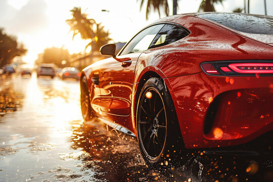 A red luxury sportscar driving on a wet road during a sunlit rainy evening, with water splashing around.