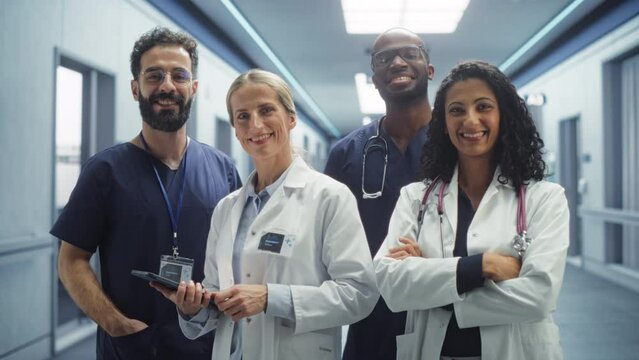 Healthcare Crew: Team Portrait of a Female and Male Successful Diverse Medical Healthcare Professionals Standing as a Group in a Modern Hospital Office, Posing, Looking at Camera and Smiling