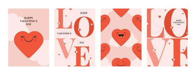 Collection of Valentine's Day flyers. Vector illustration with smiling hearts and typographic design. Contemporary flyers for decoration banner, poster, celebration, ad, branding, cover, sales. - obrazy, fototapety, plakaty
