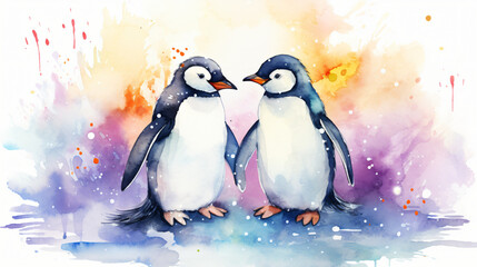 Penguins Couple kissing. The image is a Watercolor
