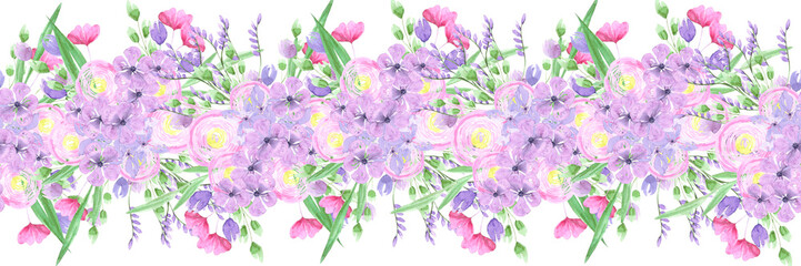 Hand drawn watercolor pink and purple abstract flowers seamless border isolated on white background. Can be used for label, tape, decoration and other printed products.