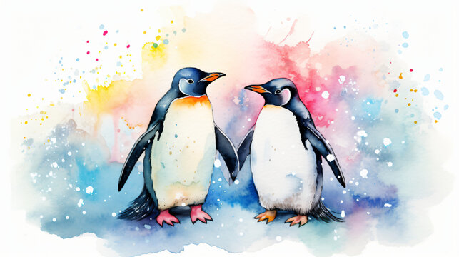 Penguins Couple kissing. The image is a Watercolor