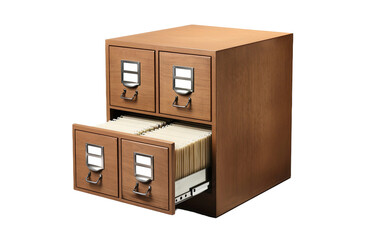 Charming Wooden File Cabinet With Labeled Drawers Isolated on Transparent Background PNG.