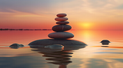 Obraz na płótnie Canvas Zen Sunset - Peaceful Cairn Silhouette Against Vivid Waterscape