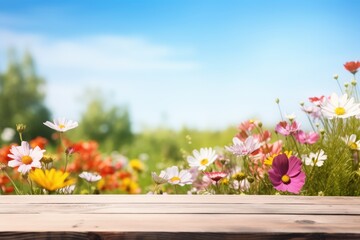 blank wooden table with spring flowers background