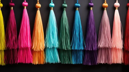 Papier Peint photo Lavable Style bohème Colorful Tassel Garland Pattern,A close up of tassels on a string. Perfect for adding a bohemian touch to designs, such as invitations, textiles, or fashion accessories.