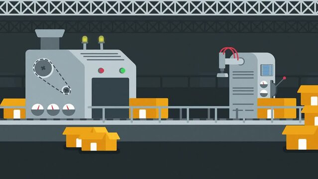 2d Animated Loop Of Automatic Conveyor Belt Carrying Products At Warehouse. Robot Hand Putting Seals On Boxes.