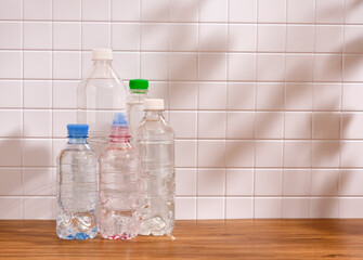 Water in plastic bottles. Copy space for text.