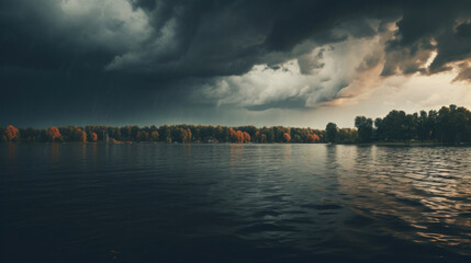 Dramatic autumn storm clouds over a tranquil lake reflecting the moody atmosphere.