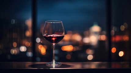 Elegant glass of red wine with a city nightscape backdrop, highlighting urban sophistication. - obrazy, fototapety, plakaty