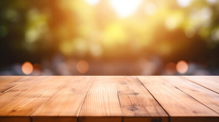 Smooth wooden surface with a glowing golden bokeh effect, perfect for product presentations.