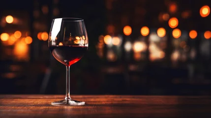Küchenrückwand glas motiv A glass of red wine on a wooden table, set against a backdrop of warm, glowing bokeh lights. © tashechka