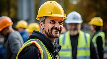 Foto op Canvas A happy construction worker wearing a yellow hard hat and reflective vest with colleagues in the background. © tashechka