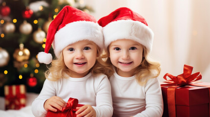 Fototapeta na wymiar Two smiling young girls in Santa hats holding Christmas gifts in a festive setting.