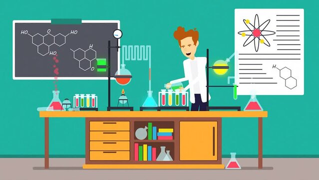 2d Animated Cartoon Chemist Conducting Science Experiments In The Lab Using Beakers And Funnels.