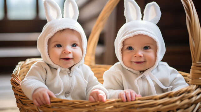 Cheerful twin babies dressed in bunny outfits sitting in a wicker basket and smiling.