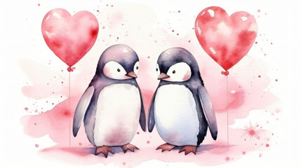Romantic card with a pair of penguins for Valentines