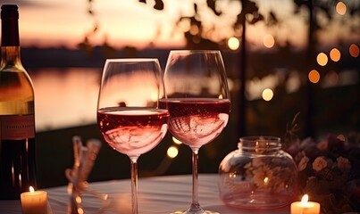 A couple of wine glasses sitting on top of a table - obrazy, fototapety, plakaty