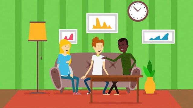2d Cartoon Friends Talking To Each Other Happily Making Hand Gestures Sitting On Sofa In Living Room.