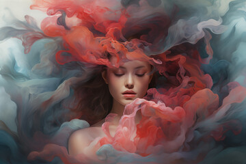 Explore an enchanting realm as a surreal female avatar surround by vibrant abstraction mist, Lose yourself in a dreamlike fusion of fantasy and reality, Ethereal female Art, Imaginary Sleeping beauty