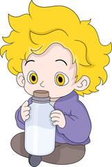 blonde kid boy is sitting carrying a bottle of fresh milk