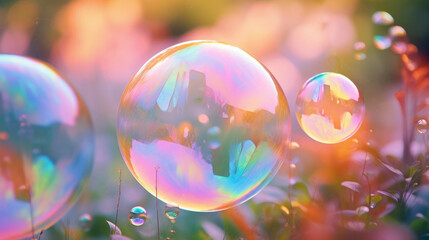 Iridescent soap bubbles float gently above a bed of green foliage, with a warm, dreamy backdrop.