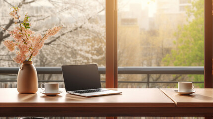 A cozy home office setup featuring a laptop, a cup of coffee, and a vase of spring blossoms with a blooming tree in the background.