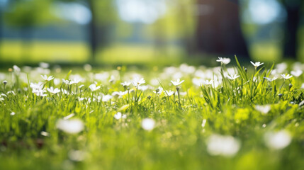 White star-shaped flowers covering a sunny green field, creating a magical springtime scene.