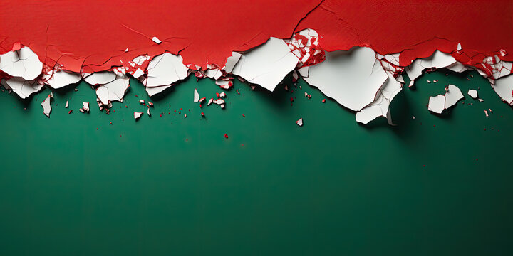 Arafed green and red wall with torn pieces of paper depicts a distressed wall with torn papers in vibrant colors. green wall surface weathered , dark green  textured background with torn paper edges 