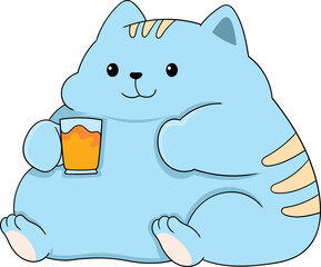 Fat cat is sitting while enjoying a glass of orange juice