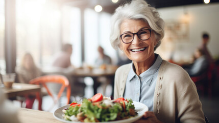 Joyful elderly woman with glasses presenting a fresh salad at a cafe, embodying healthy eating habits and active lifestyle.