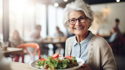 Fotobehang Joyful elderly woman with glasses presenting a fresh salad at a cafe, embodying healthy eating habits and active lifestyle. © tashechka