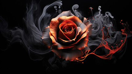 Artistic depiction of a rose enveloped in swirling smoke and splashes of vibrant paint on a dark background, symbolizing a blend of nature and art.