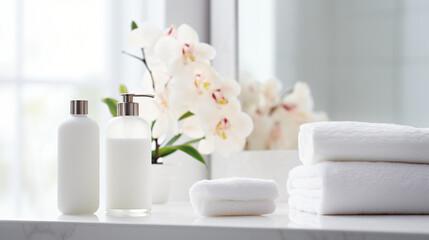 Fototapeta na wymiar Spa products in the bathroom. Bottle of soap cosmetic