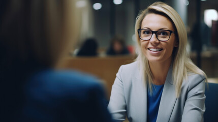 Smiling young professional woman in a business meeting, wearing glasses, exuding confidence and friendliness in an office environment. - obrazy, fototapety, plakaty
