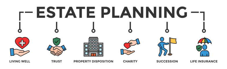 Estate planning banner web icon vector illustration concept with icon of living well, trust, property disposition, charity, succession, life insurance