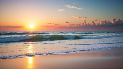 Fototapeta premium Beautiful sunset on tropical paradise beach. Colorful inspiring tropical summer landscape with seascape horizon and waves. Perfect landscape background for relaxing, vacation, travel, tourism concept