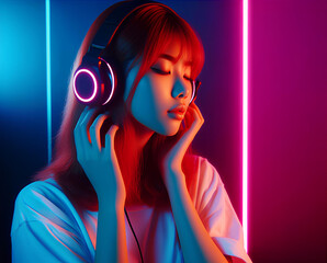 A beautiful girl enjoys listening to music with headphones, neon pink and blue disco lighting, ai generative