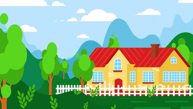 2d Animated Rural Landscape With Country House And Trees, White Clouds Flying Above Mountains In The Background.