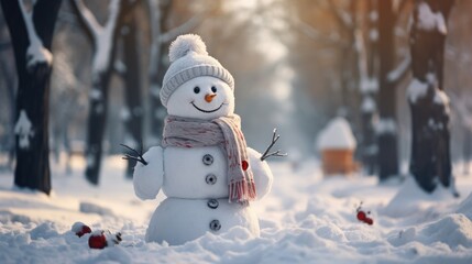 Photo of a snowman with a carrot nose in a snowy beautiful winter, sitting on a bench in the park